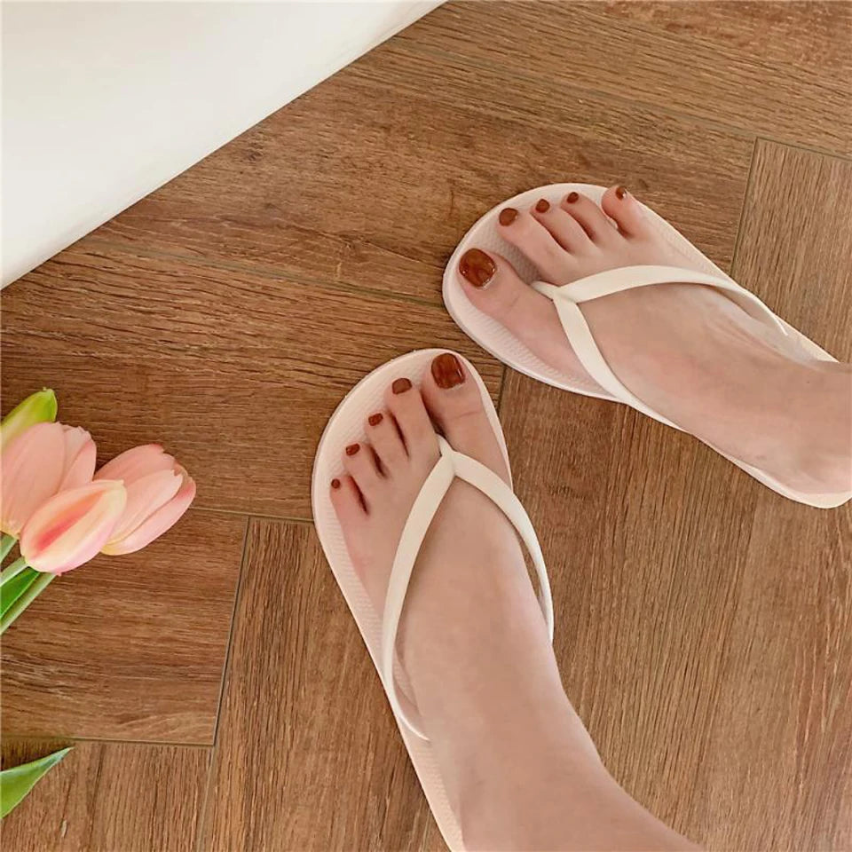 EOFK Women Flip Flops Summer New Outside Slippers PVC Soft Shoes Casual Shinny Pear Color Beach Plus Size 45 Flat with Solid