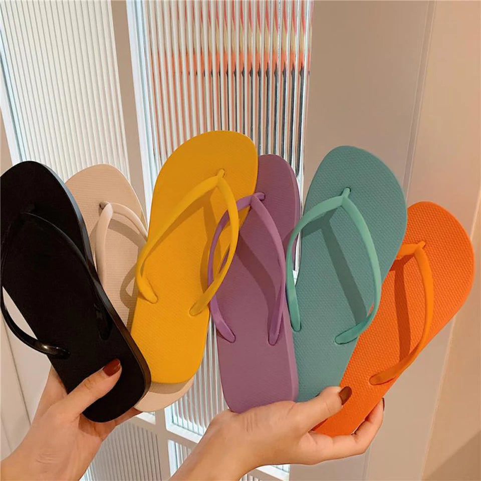 EOFK Women Flip Flops Summer New Outside Slippers PVC Soft Shoes Casual Shinny Pear Color Beach Plus Size 45 Flat with Solid