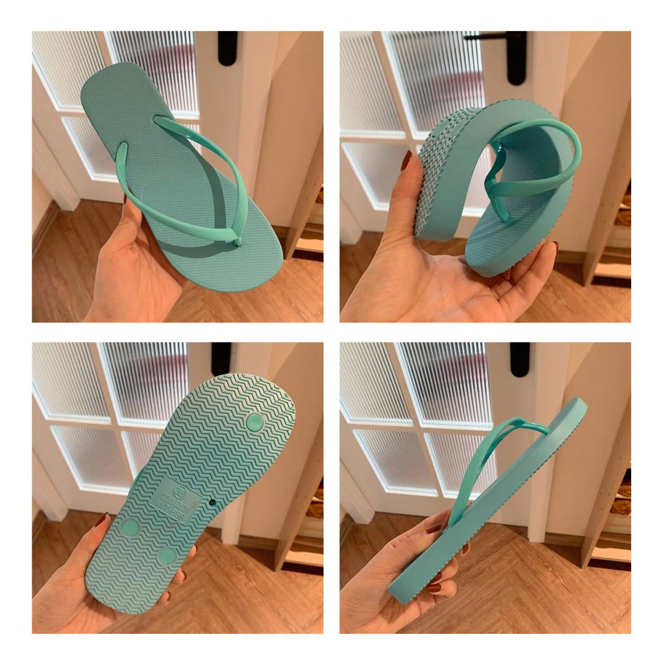 EOFK Women Flip Flops Summer New Outside Slippers PVC Soft Shoes Casual Shinny Pear Color Beach Plus Size 45 Flat with Solid