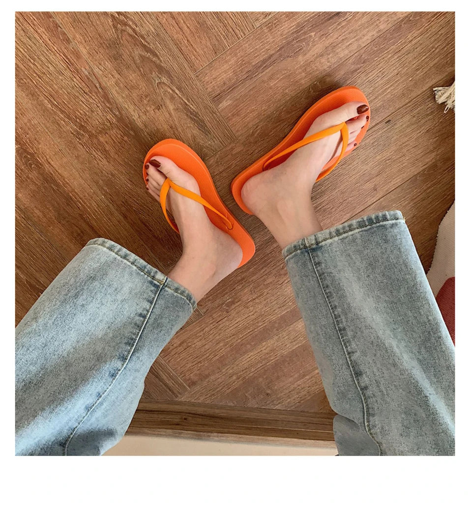 EOFK Women Flip Flops Summer New Outside Slippers PVC Soft Shoes Casual Shinny Pear Color Beach Plus Size 45 Flat with Solid