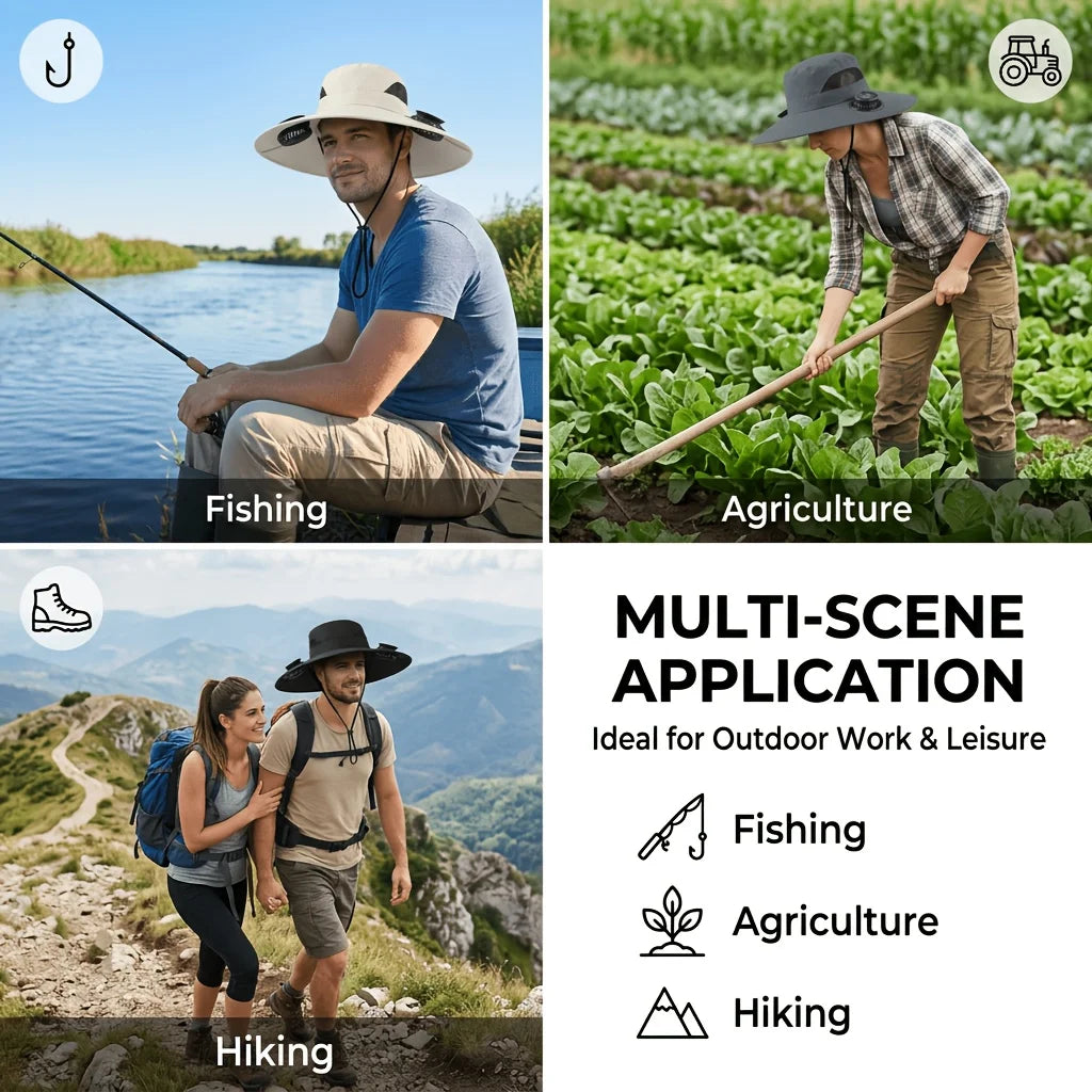 Outdoor Solar Fan Hat UV Protection Sun Hat with 2 Solar Powered Fans Cap Breathable Wide Brim Fishing Hat for Camping Hiking