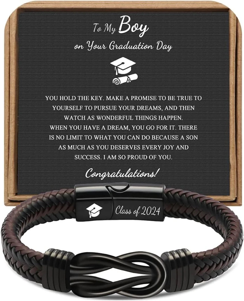 High School College Graduation Gifts for Men Class of 2024 Leather Stainless Steel Knot Bracelet, Graduation Gifts for Son BFF