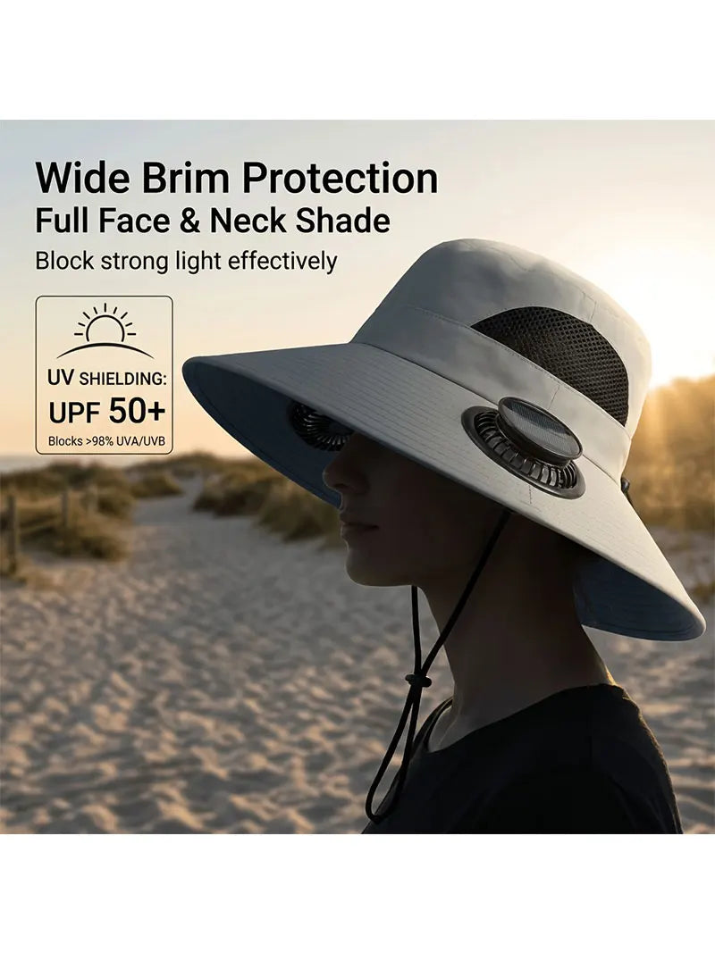 Outdoor Solar Fan Hat UV Protection Sun Hat with 2 Solar Powered Fans Cap Breathable Wide Brim Fishing Hat for Camping Hiking