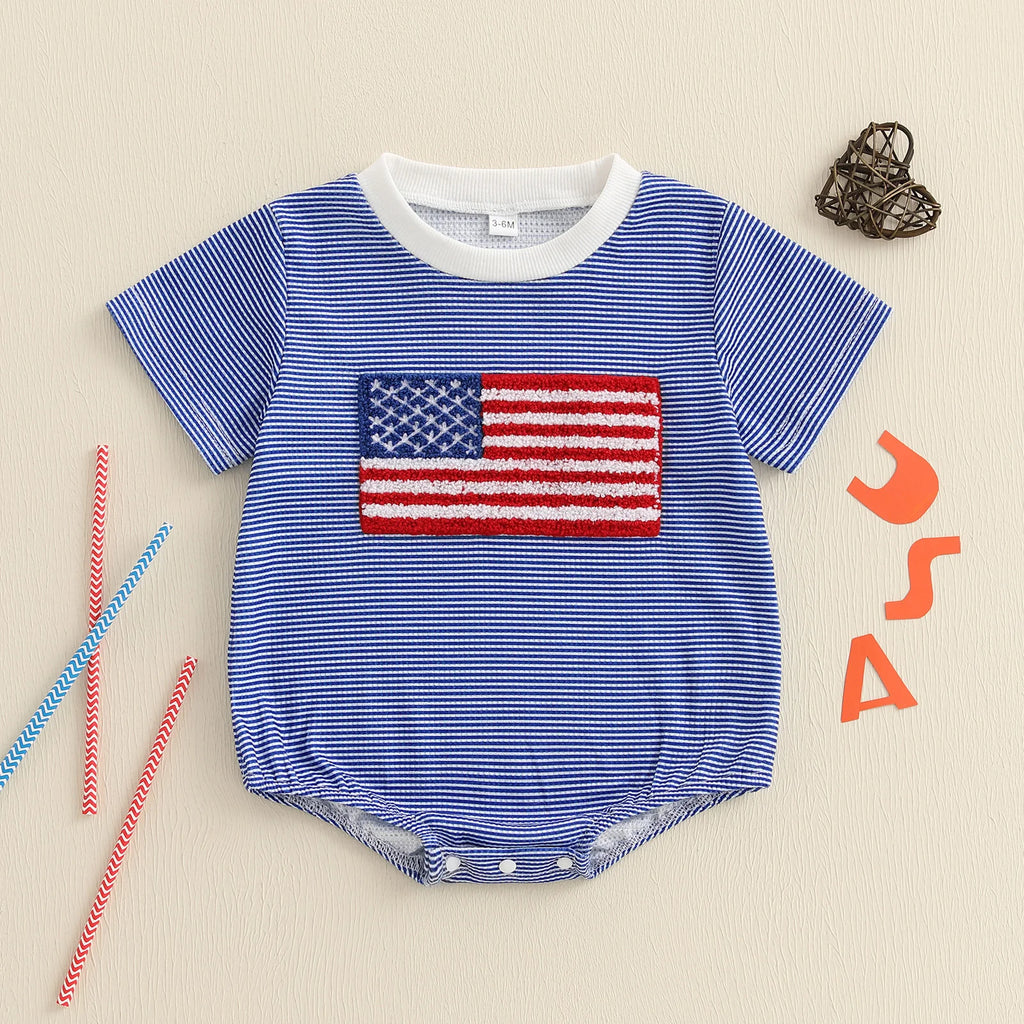 4th of July Baby Boy Outfit American Flag Short Sleeve Waffle Knit Romper Fourth of July Independence Day Bodysuits Clothes