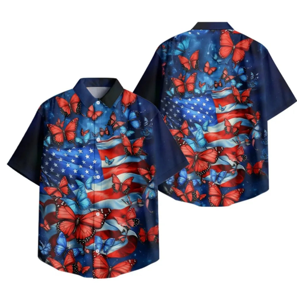 Men's Patriotic July 4th Button-Up Shirt American Flag Eagle Print Short Sleeve Casual Top for Independence Day Celebrations