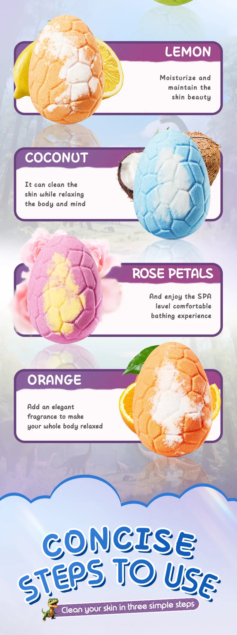 100gx6pcs Dinosaur Egg Shaped Bath Bombs Fruit and Flower Scented Bubble Bath Moisturizing Bath Bombs Festival Gifts