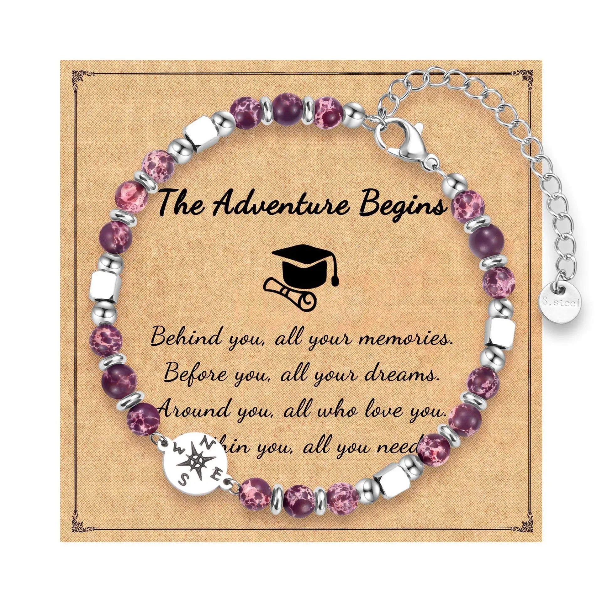 2026 Graduation Gifts Stainless Steel Compass Amazonite Amethyst Beads Bracelets for Women Girls High School College Graduates