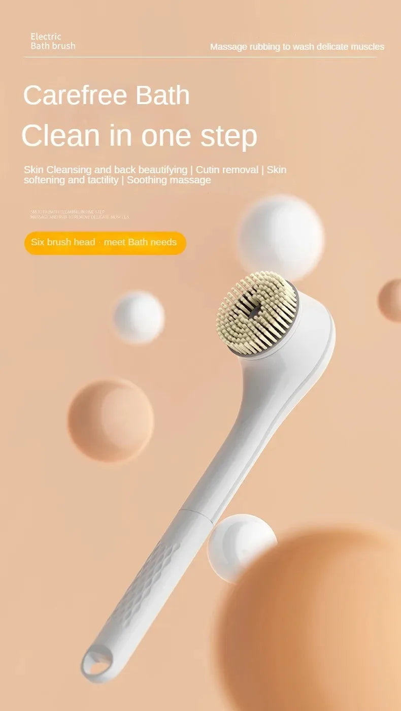 Electric Bath Brush with 6 Replaceable Heads, 360° Rotating Body Scrubber, IPX7 Waterproof, Type-C Rechargeable For Shower