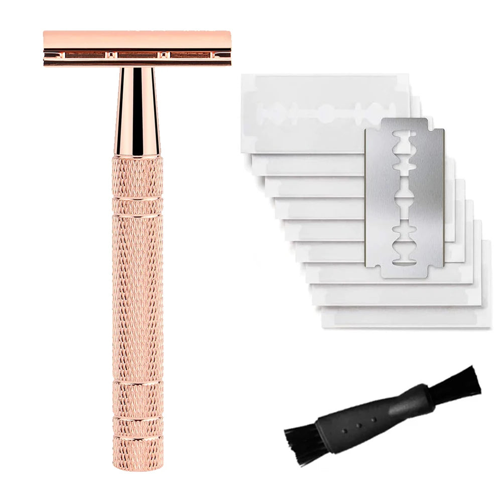 Double Edge Safety Razor for Women, with 10 pcs Safety Razor Blades Single Blade Razor Reusable Travel Essentials Women Razor