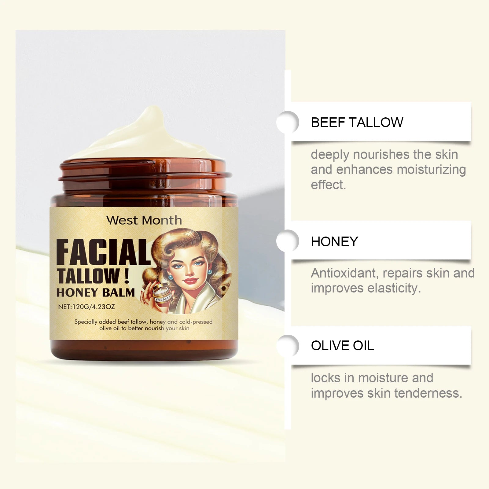 Beef Tallow Face Cream Lasting Moisturizing Soothing Facial Skin Firming Increase Facial Elasticity Nourishing Smooth Skin Care