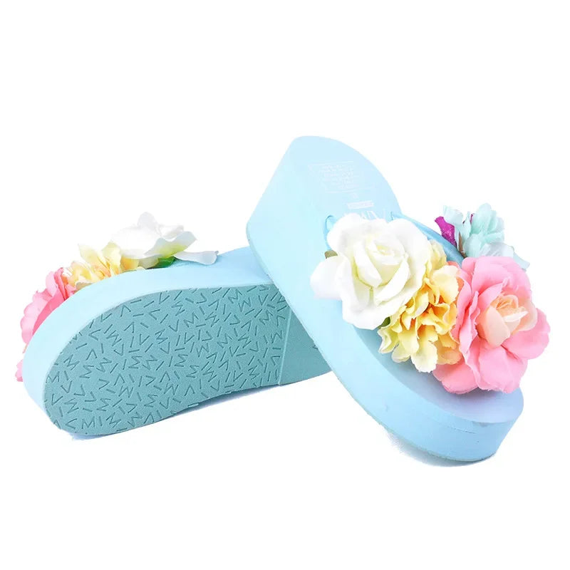 6cm High Heel Women's Summer New Beach Handmade Flip-flops Muffin Thick Bottom Flower Sandals Increase Wild Women's Slippers