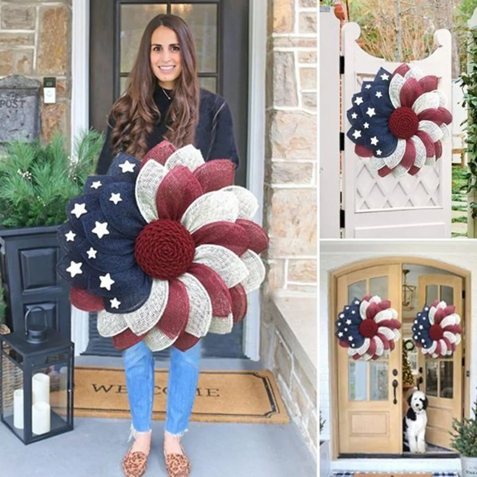 40cm Patriotic Flower Wreath 4th Of July American Flag Wreath Red White Blue Star Wreath Front Door Home Wall Porch Independence
