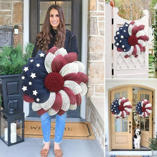 40cm Patriotic Flower Wreath 4th Of July American Flag Wreath Red White Blue Star Wreath Front Door Home Wall Porch Independence