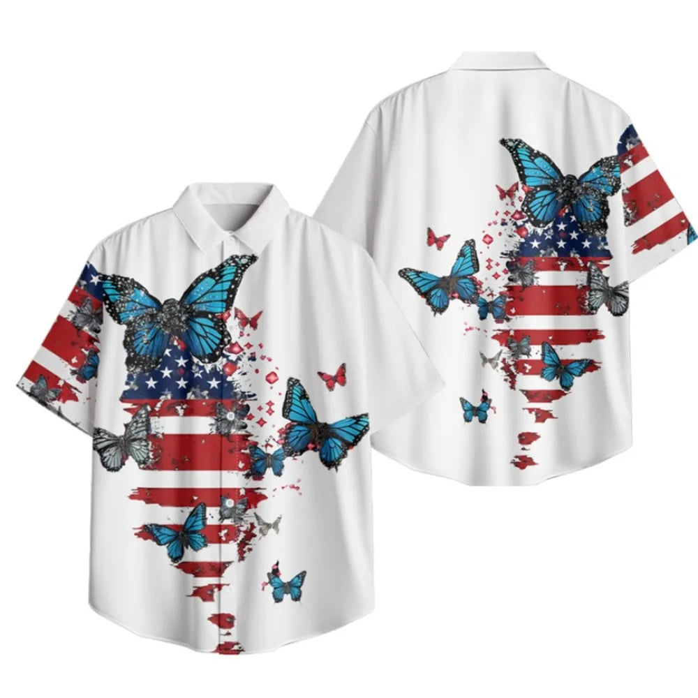 Men's Patriotic July 4th Button-Up Shirt American Flag Eagle Print Short Sleeve Casual Top for Independence Day Celebrations