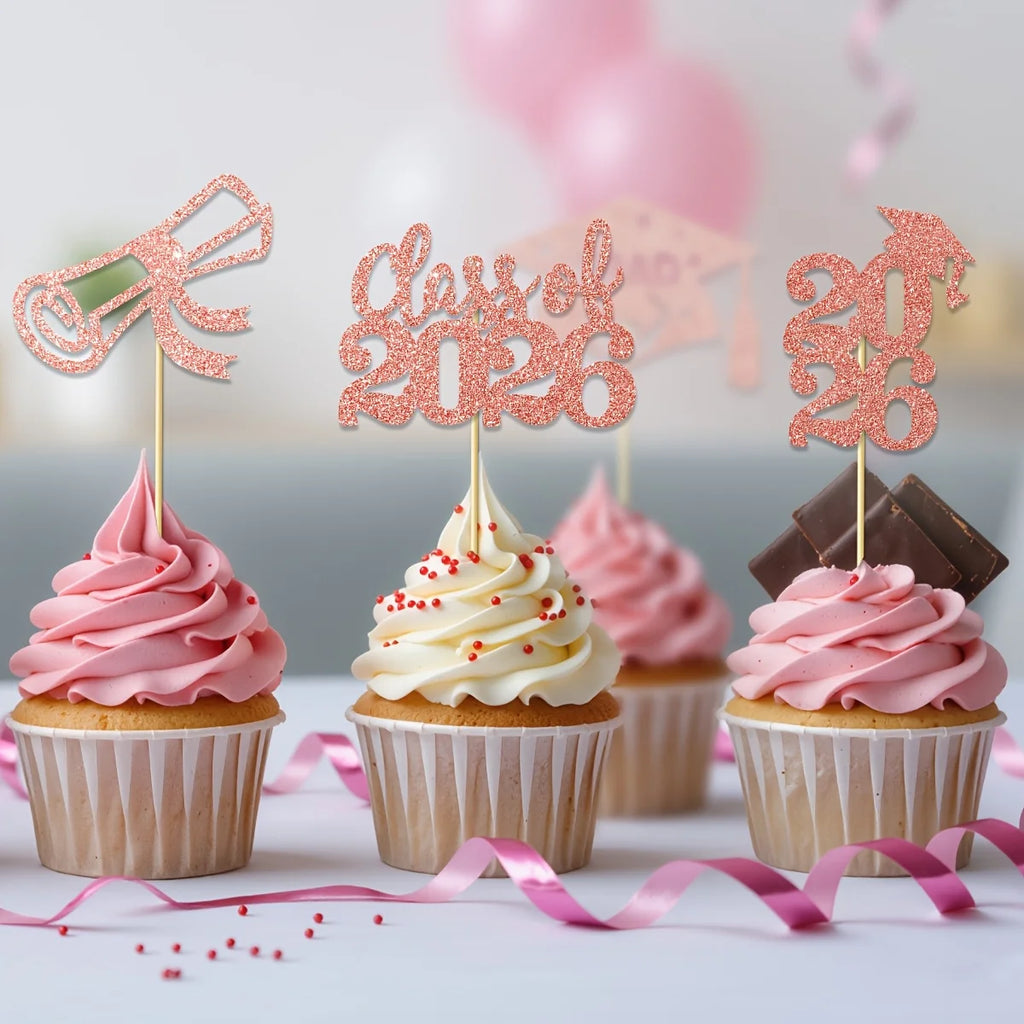 12pcs 2026 Graduation Cake Toppers Graduation Theme Party Picks with Diploma Grad Cap Graduation Party Celebration Decorations