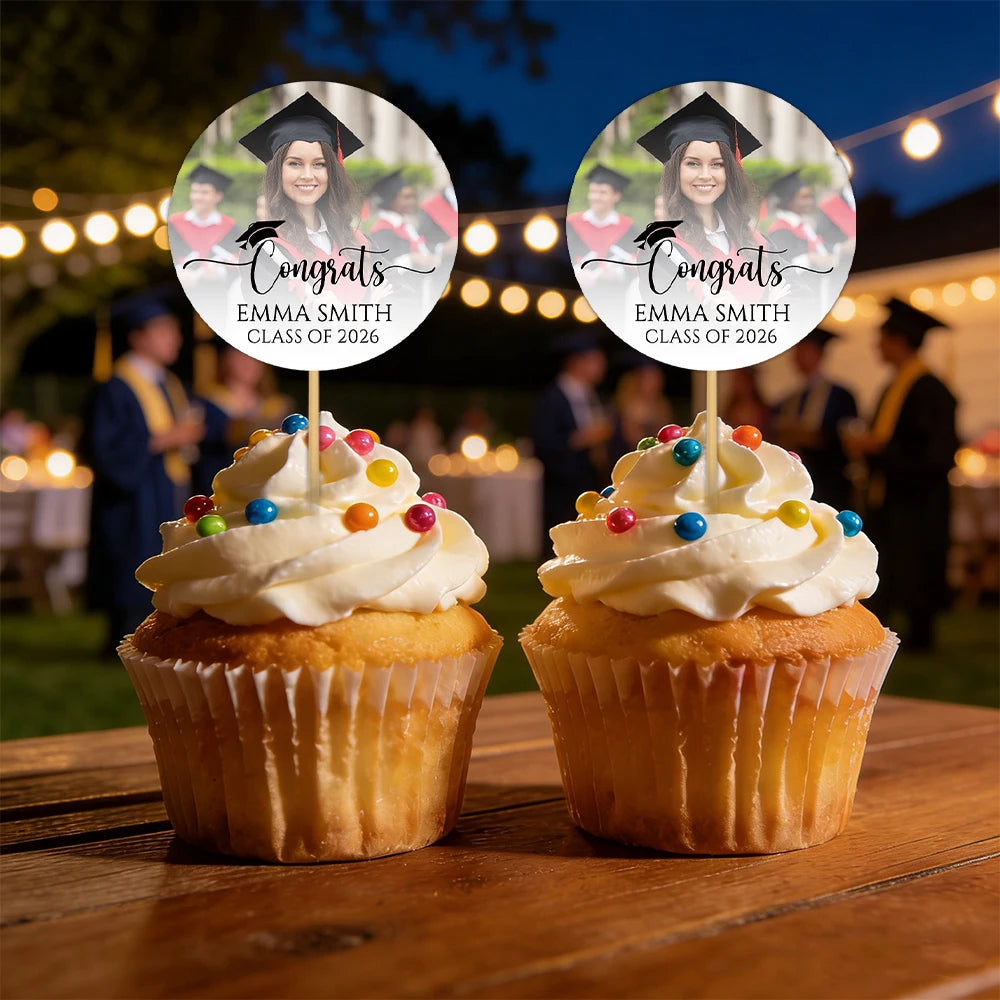 6/12/24pcs customized photos and text graduation cake topper, perfect for 2026 graduation season, happy graduation parties