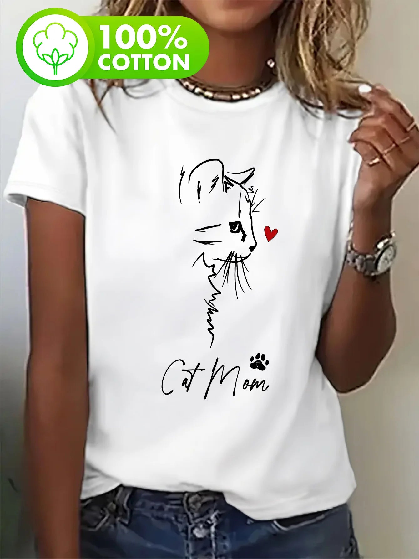 Mother's Day Gift for Cat Moms - Women's Casual Short Sleeve T-Shirt with Cute Cat Mom Cartoon Print White & Black Graphic