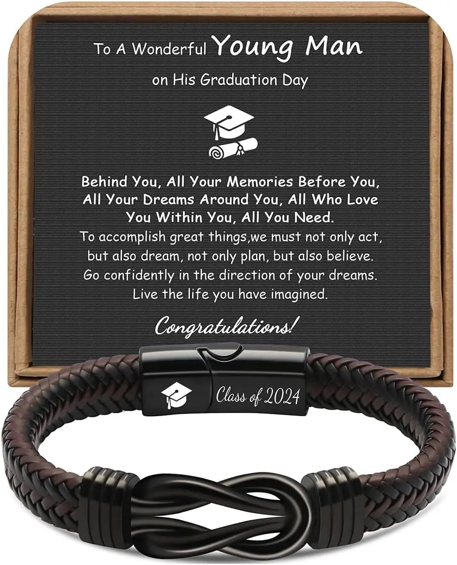 High School College Graduation Gifts for Men Class of 2024 Leather Stainless Steel Knot Bracelet, Graduation Gifts for Son BFF