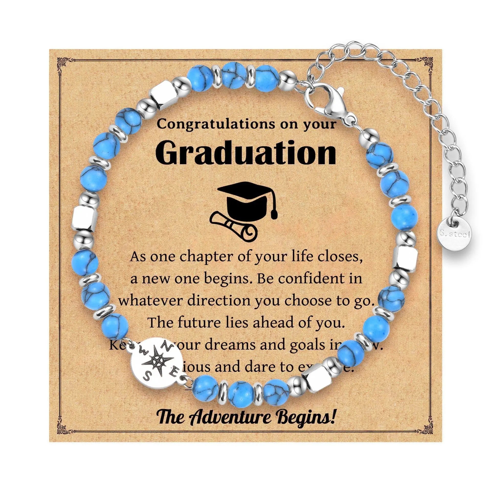 2026 Graduation Gifts Stainless Steel Compass Amazonite Amethyst Beads Bracelets for Women Girls High School College Graduates