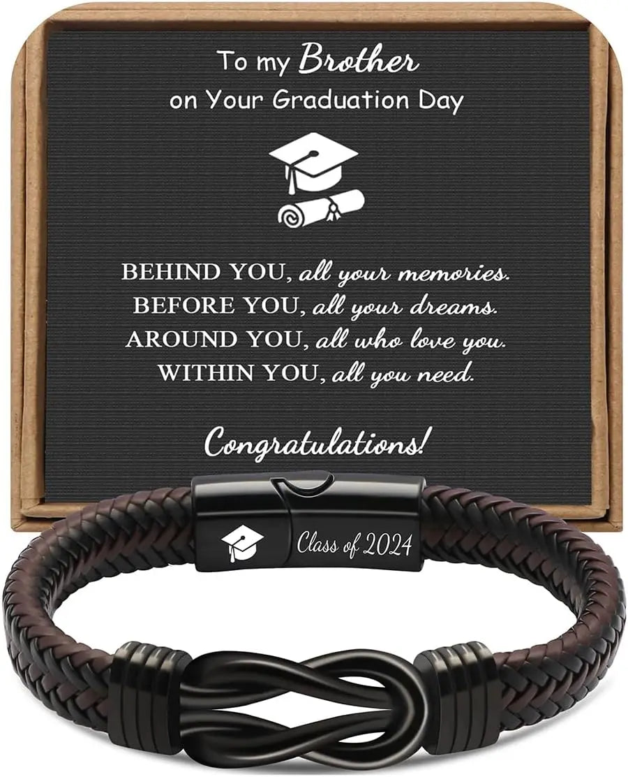 High School College Graduation Gifts for Men Class of 2024 Leather Stainless Steel Knot Bracelet, Graduation Gifts for Son BFF