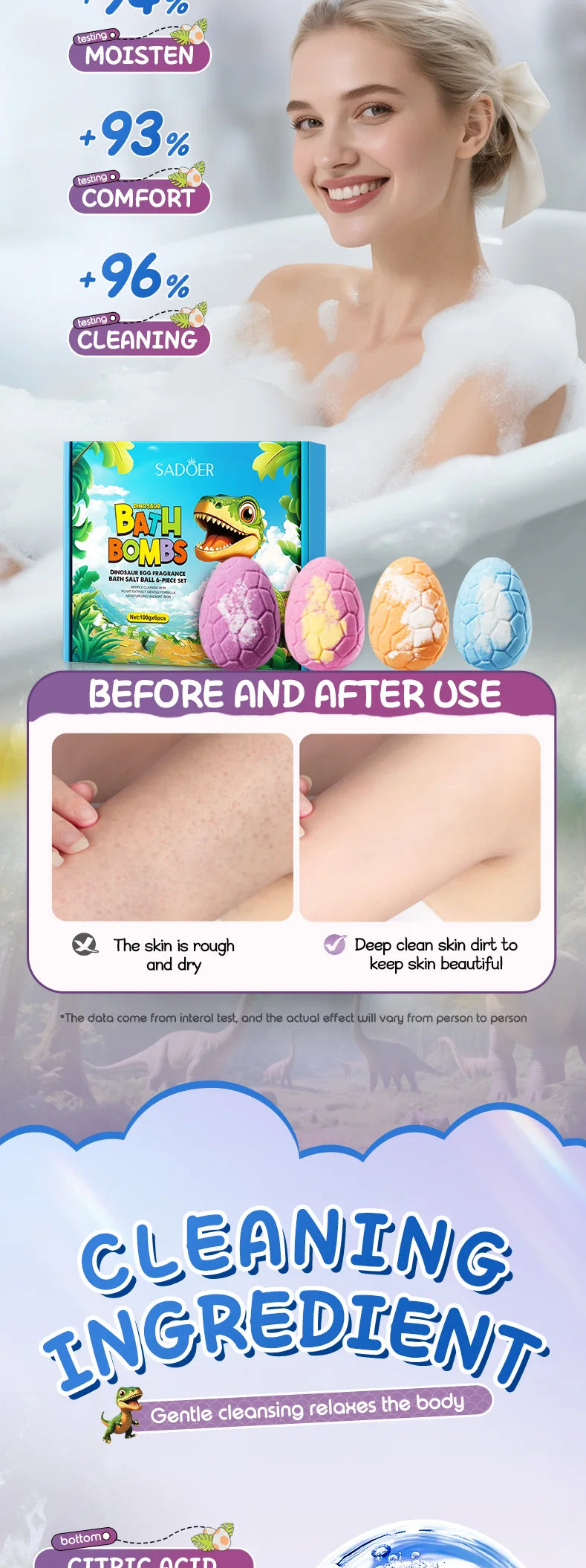 100gx6pcs Dinosaur Egg Shaped Bath Bombs Fruit and Flower Scented Bubble Bath Moisturizing Bath Bombs Festival Gifts