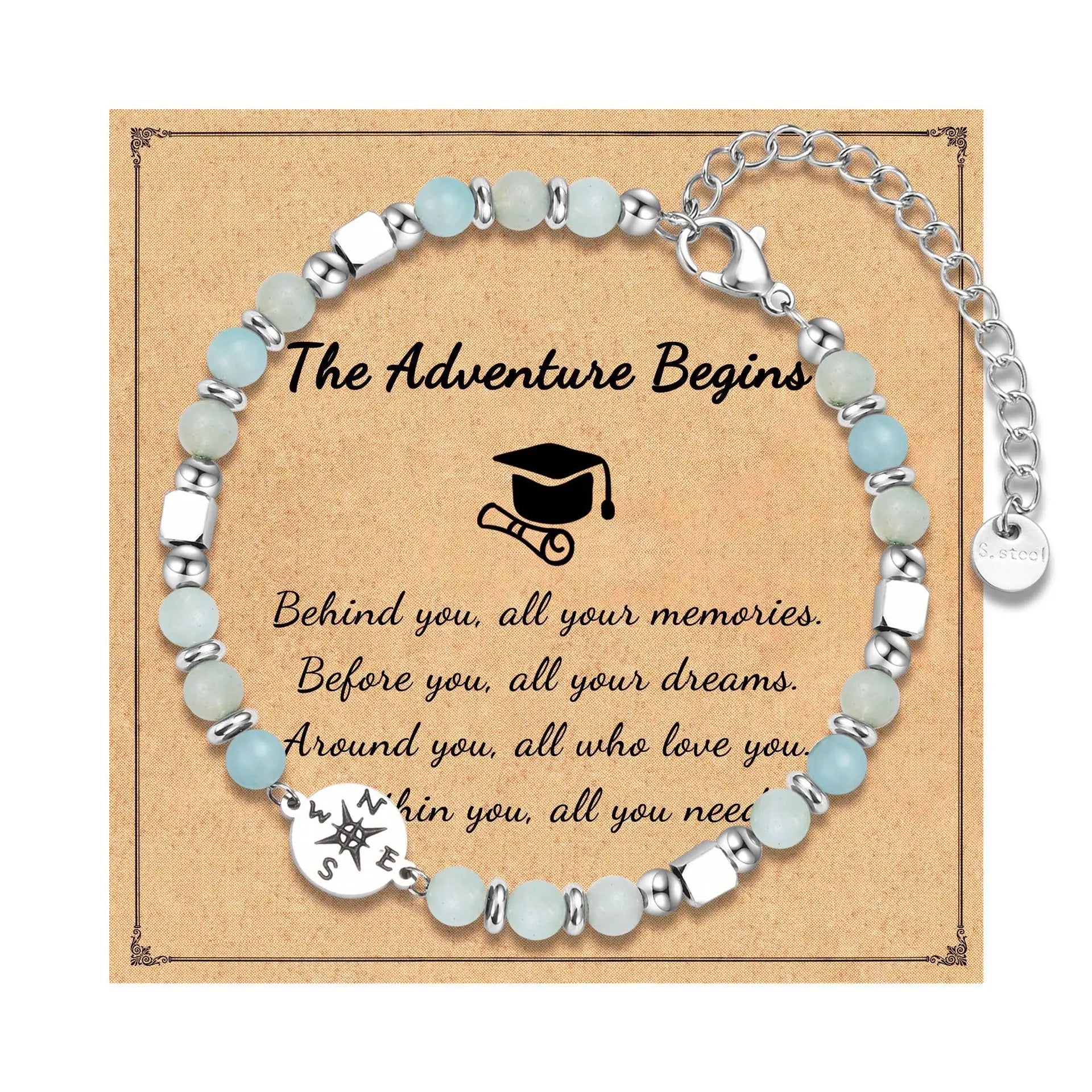 2026 Graduation Gifts Stainless Steel Compass Amazonite Amethyst Beads Bracelets for Women Girls High School College Graduates
