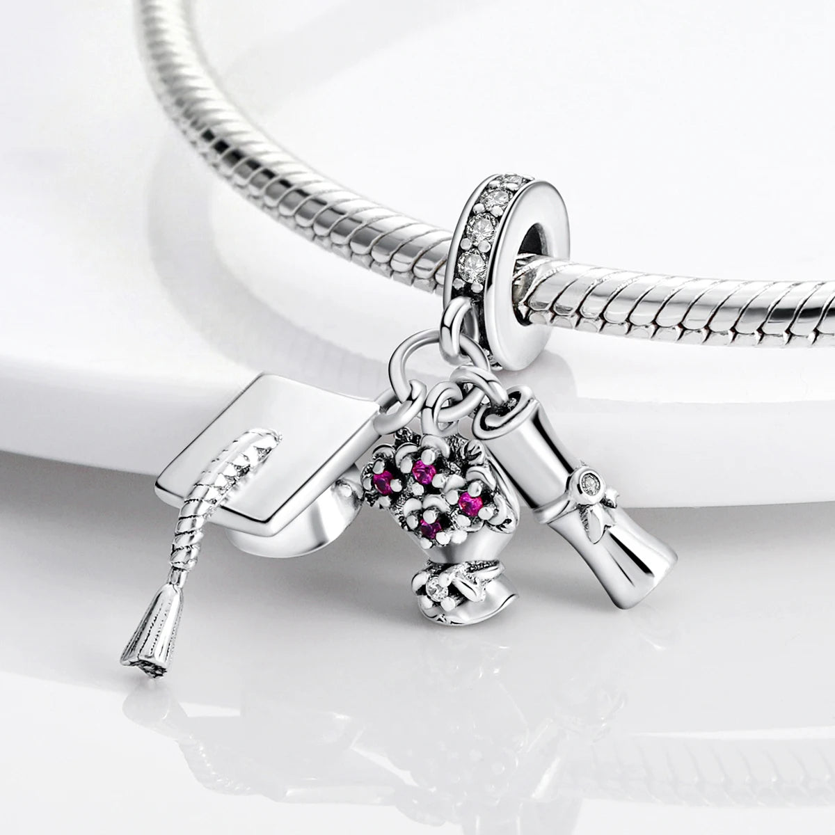 925 Sterling Silver Graduation Charm Cap Tassel Diploma Bouquet Dangle Pendant fit Women DIY Bracelet Necklace Jewelry Gift