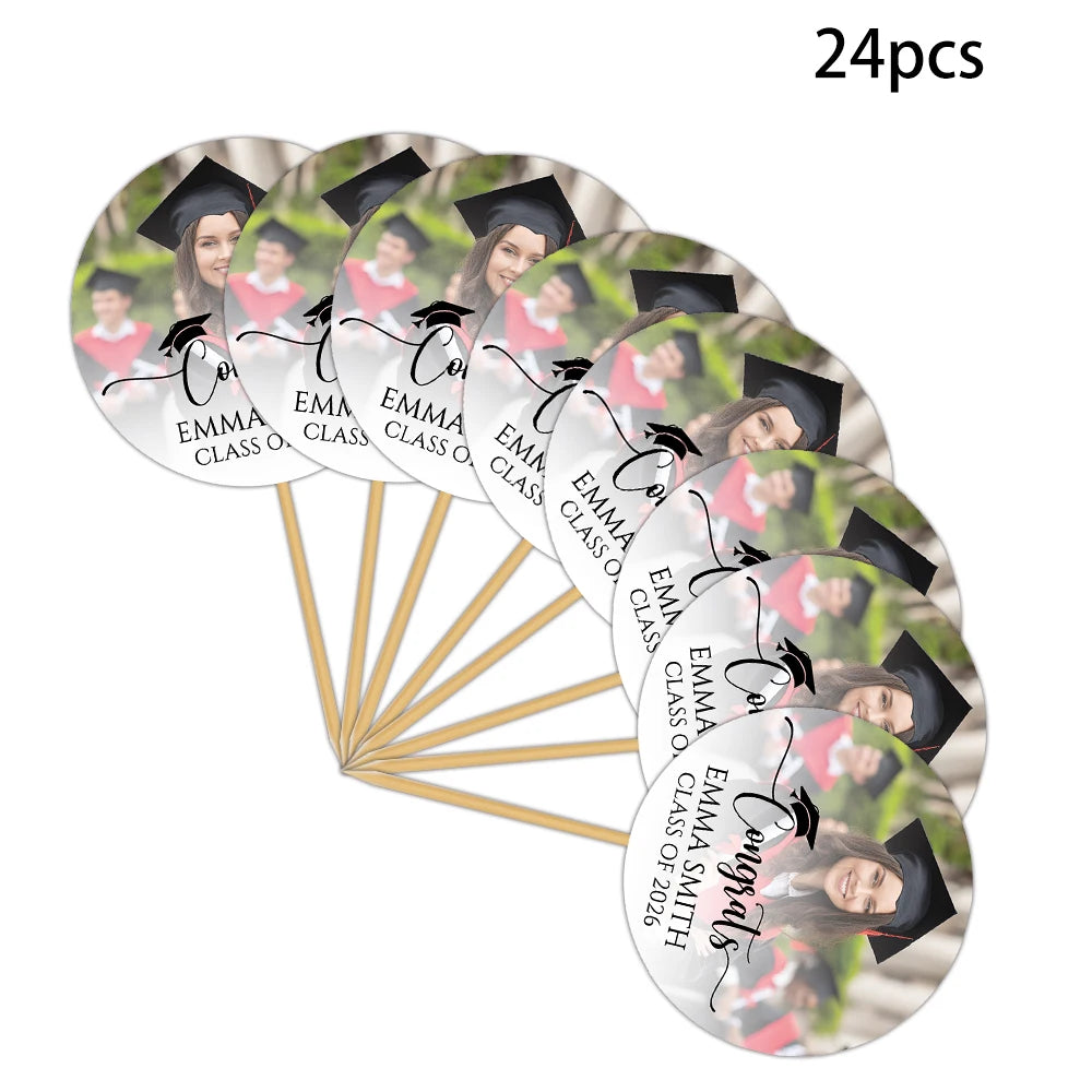 6/12/24pcs customized photos and text graduation cake topper, perfect for 2026 graduation season, happy graduation parties