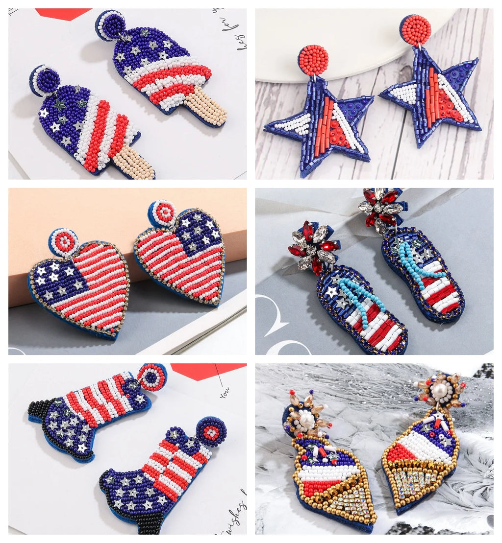 4th Fourth of July Jewelry Accessories Patriotic USA Independence Day American Flag Star Stripe Seed Beaded  Slippers Earrings