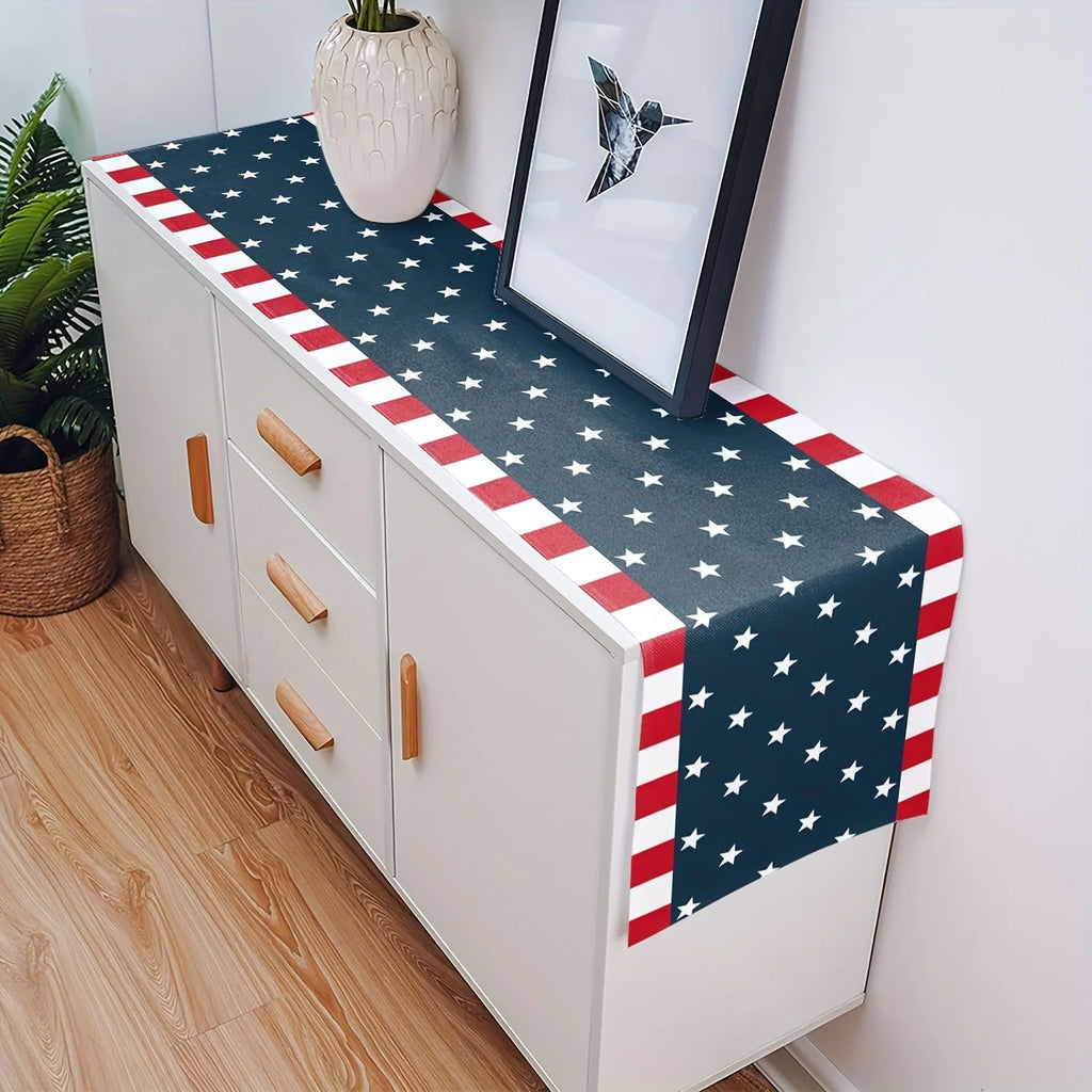 Patriotic American Flag Linen Table Runner - Stars & Stripes 4th of July Decor, Accent for Independence Day Party Kitchen