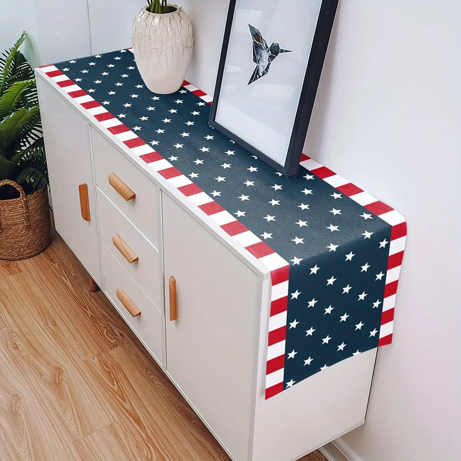 Patriotic American Flag Linen Table Runner - Stars & Stripes 4th of July Decor, Accent for Independence Day Party Kitchen