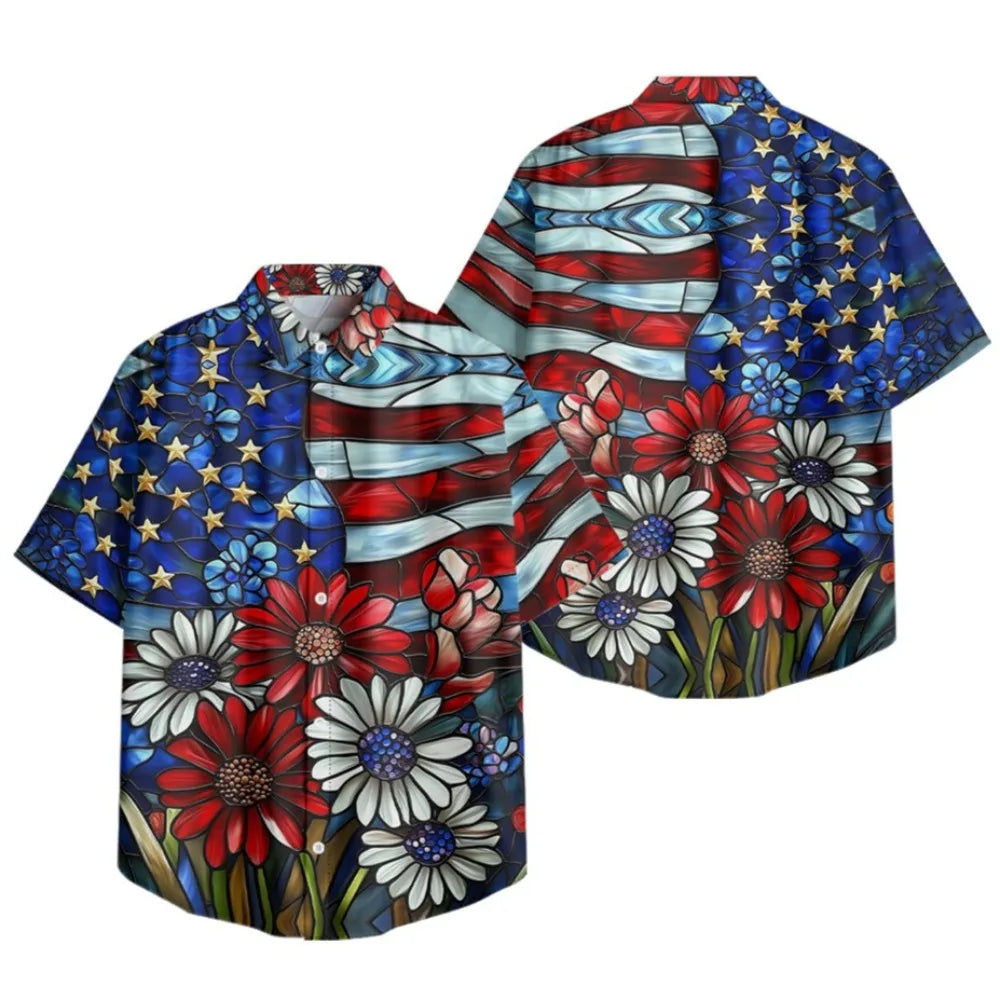 Men's Patriotic July 4th Button-Up Shirt American Flag Eagle Print Short Sleeve Casual Top for Independence Day Celebrations