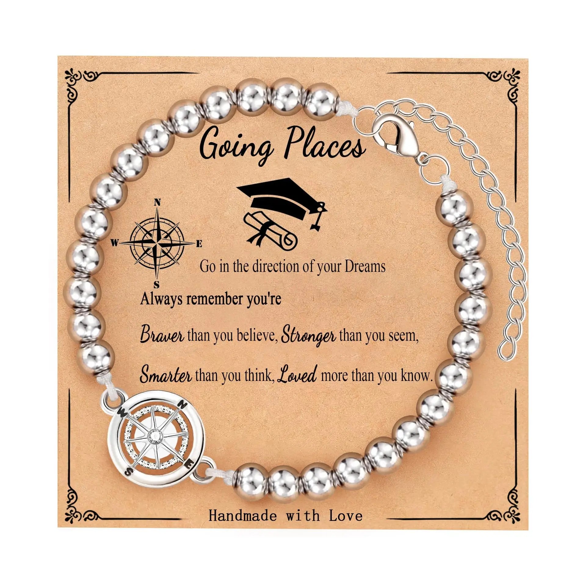 2026 Graduation Gifts for Her Him Sister - Stainless Steel Compass Beaded Bracelets for High School/College/Middle School Grads