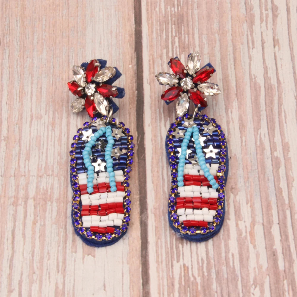 4th Fourth of July Jewelry Accessories Patriotic USA Independence Day American Flag Star Stripe Seed Beaded  Slippers Earrings