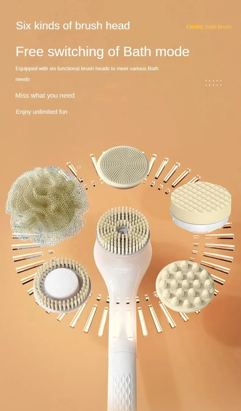 Electric Bath Brush with 6 Replaceable Heads, 360° Rotating Body Scrubber, IPX7 Waterproof, Type-C Rechargeable For Shower