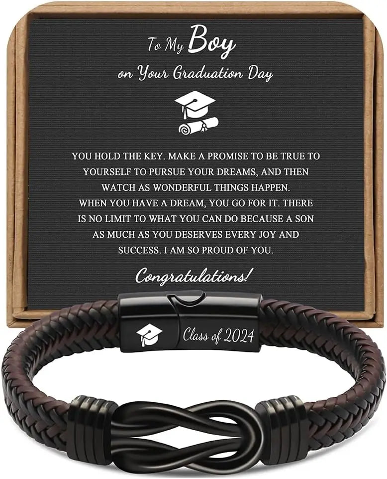High School College Graduation Gifts for Men Class of 2024 Leather Stainless Steel Knot Bracelet, Graduation Gifts for Son BFF