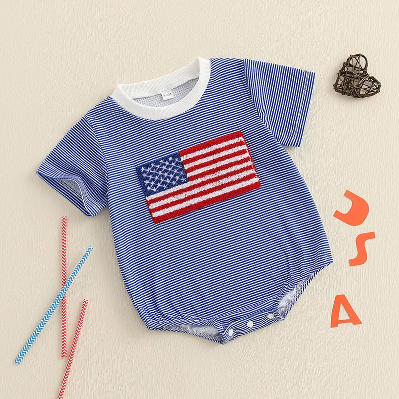 4th of July Baby Boy Outfit American Flag Short Sleeve Waffle Knit Romper Fourth of July Independence Day Bodysuits Clothes