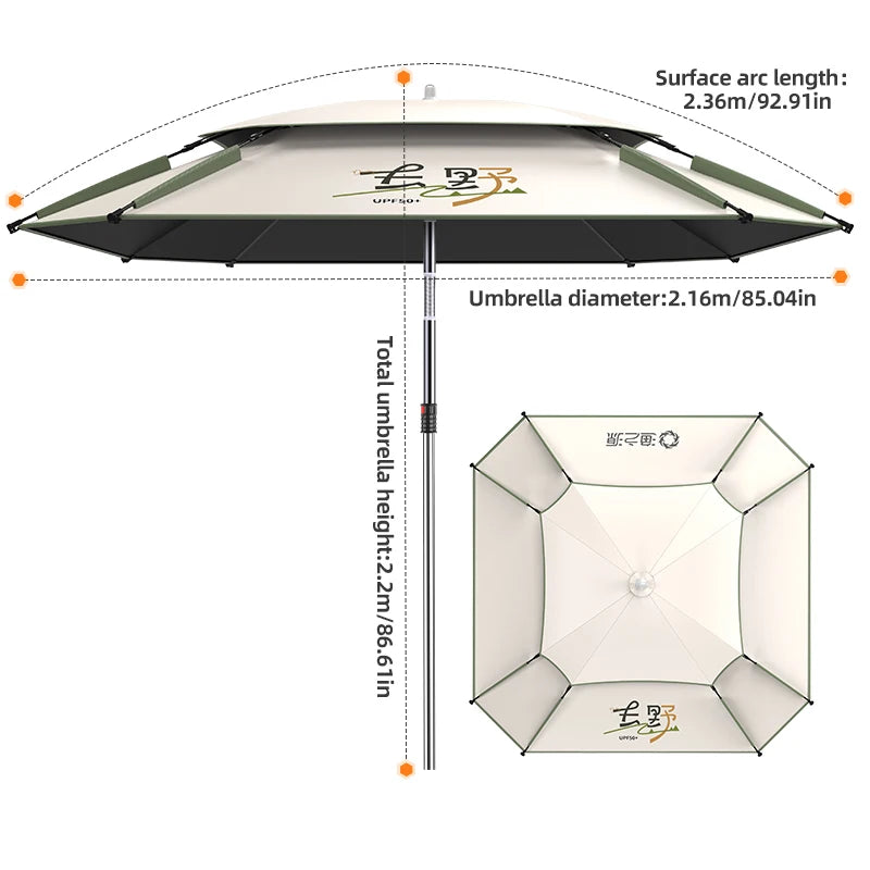 Large Square Fishing Umbrella | Beach Sun Umbrella UPF 50+ Sun UV Protection Waterproof Windproof Foldable Portable Adjustable