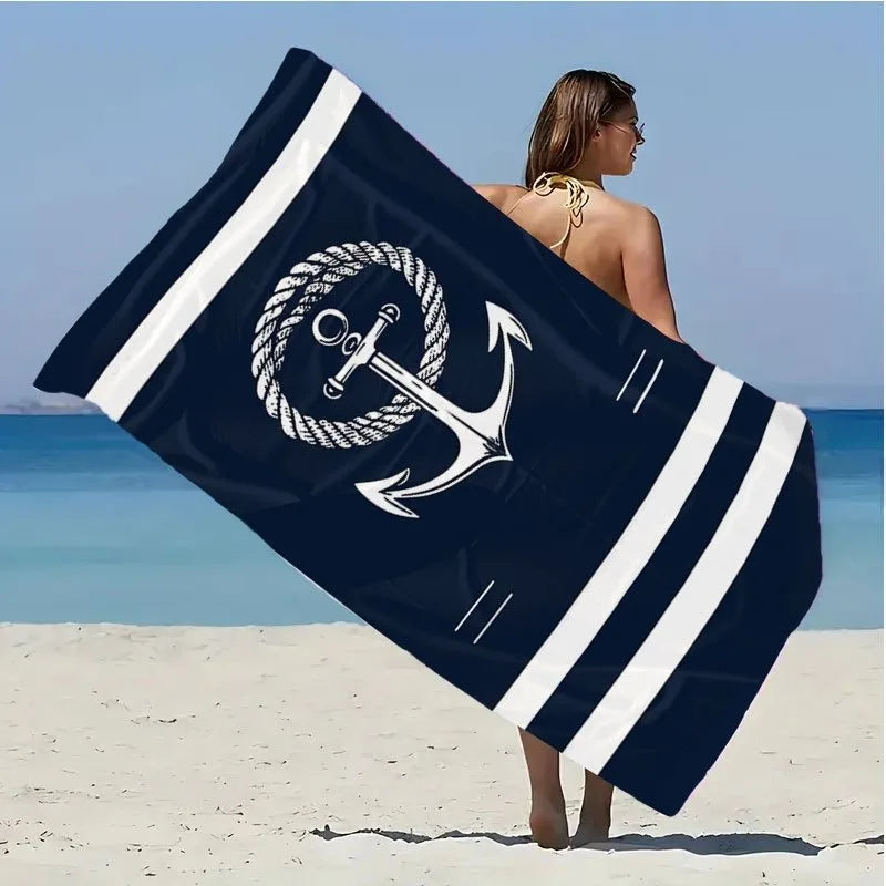 Navy Blue Beach Towel with Anchor and Rope Design: Your Ultimate Beach Essential! Suitable for towels, bath towels, beach towels