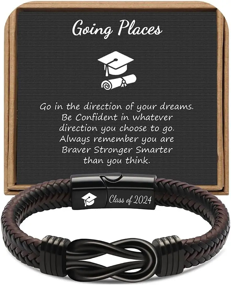 High School College Graduation Gifts for Men Class of 2024 Leather Stainless Steel Knot Bracelet, Graduation Gifts for Son BFF