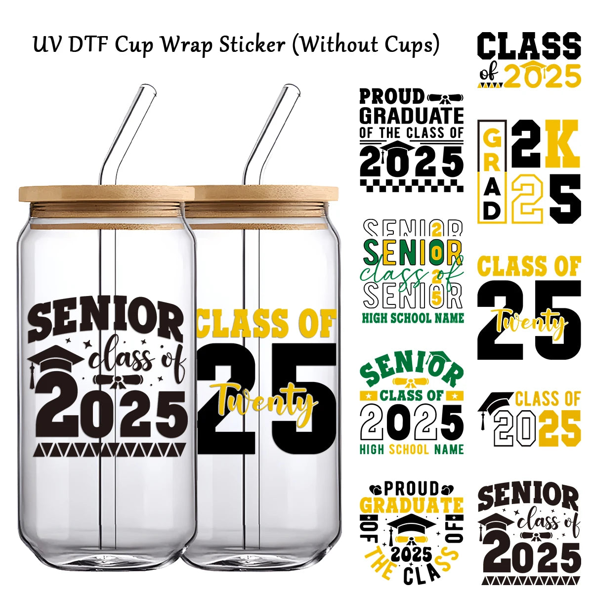 9pcs Set Graduation Season 2025 Greetings Uv Cup Wraps Transfer Sticker For Glass Can Bottle Gift Decoration Sticker Students
