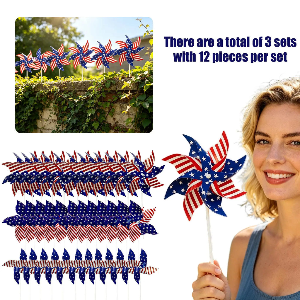 12pcs American Independence Day Handheld Pinwheels, 4th of July Patriotic Red White and Blue Wind Spinners, Holiday Decorations