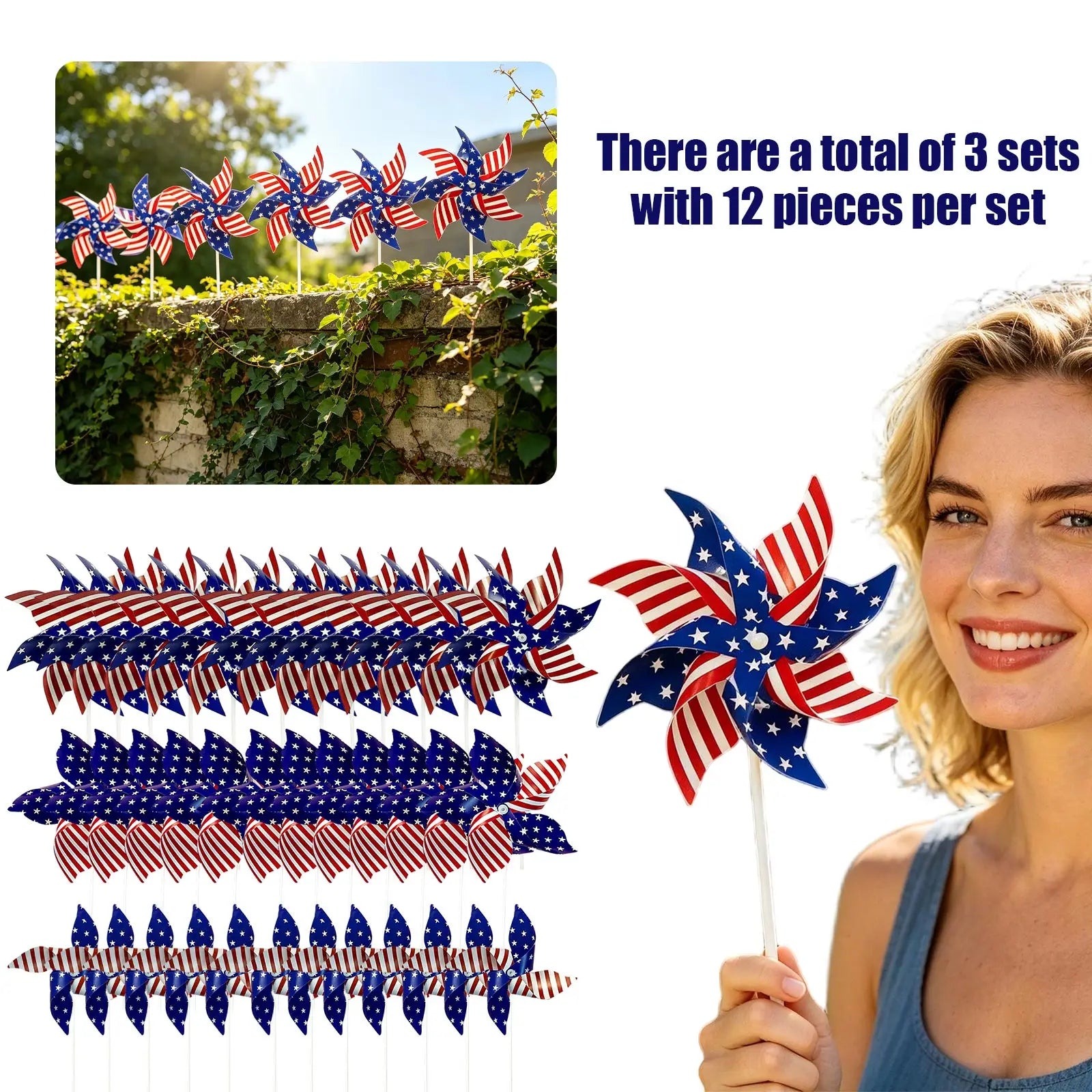 12pcs American Independence Day Handheld Pinwheels, 4th of July Patriotic Red White and Blue Wind Spinners, Holiday Decorations