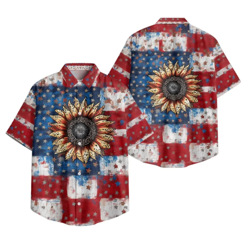 Men's Patriotic July 4th Button-Up Shirt American Flag Eagle Print Short Sleeve Casual Top for Independence Day Celebrations