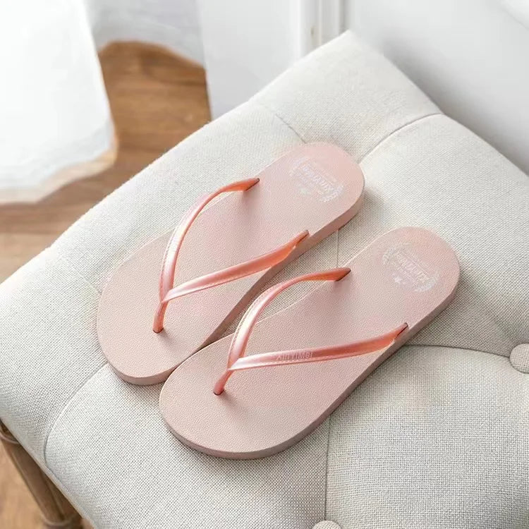 EOFK Women Flip Flops Summer New Outside Slippers PVC Soft Shoes Casual Shinny Pear Color Beach Plus Size 45 Flat with Solid