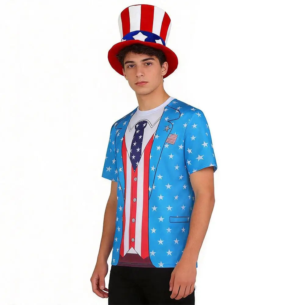 Patriotic Star Print 4Th of July T-Shirt with Top Hat Independence Day Cosplay Costume Set Men Short-Sleeve Tops Holiday Parties