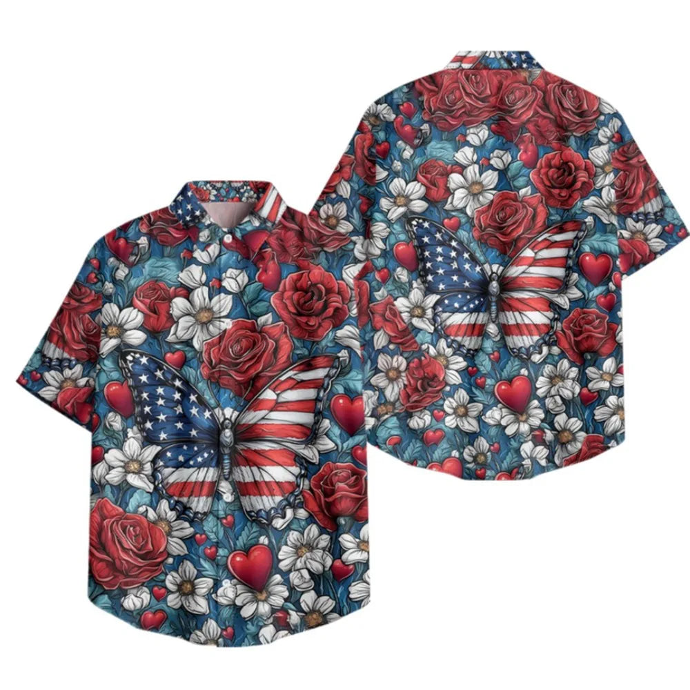 Men's Patriotic July 4th Button-Up Shirt American Flag Eagle Print Short Sleeve Casual Top for Independence Day Celebrations