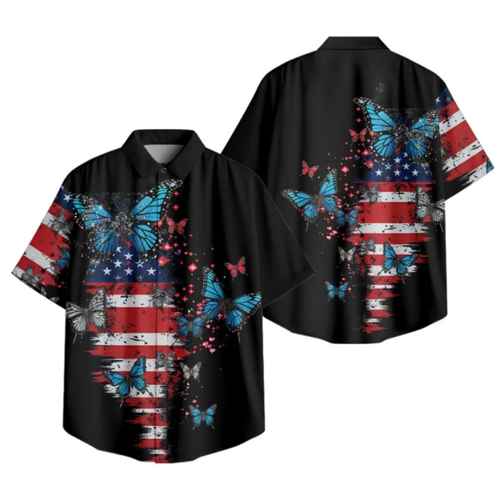 Men's Patriotic July 4th Button-Up Shirt American Flag Eagle Print Short Sleeve Casual Top for Independence Day Celebrations