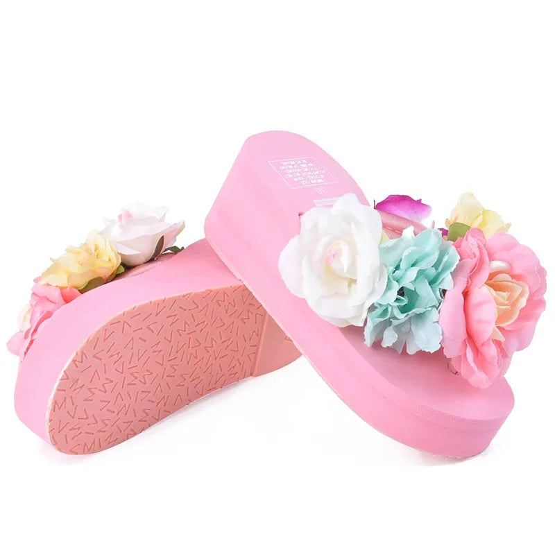 6cm High Heel Women's Summer New Beach Handmade Flip-flops Muffin Thick Bottom Flower Sandals Increase Wild Women's Slippers