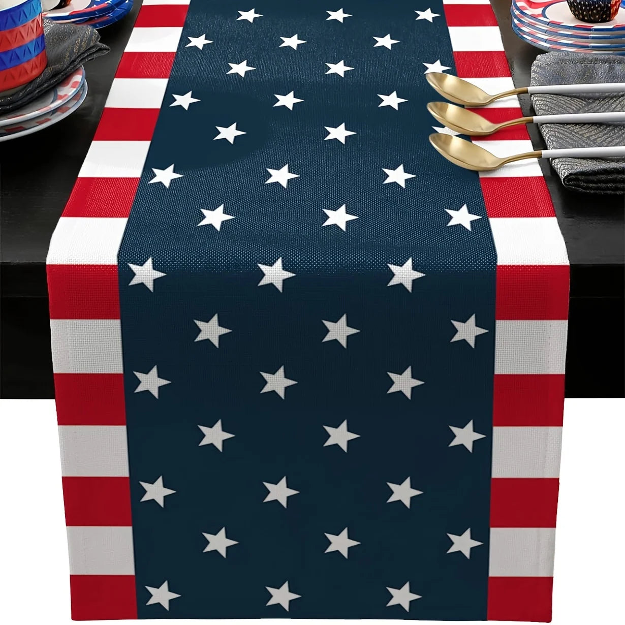 Patriotic American Flag Linen Table Runner - Stars & Stripes 4th of July Decor, Accent for Independence Day Party Kitchen